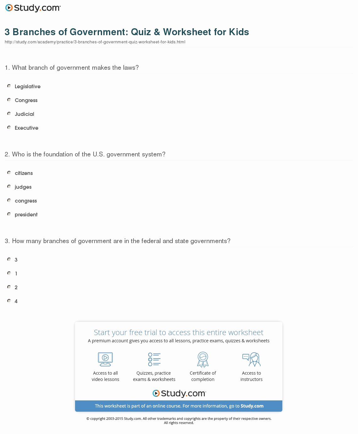 Branches Of Government Worksheet Awesome 3 Branches Of Government Quiz &amp; Worksheet for Kids