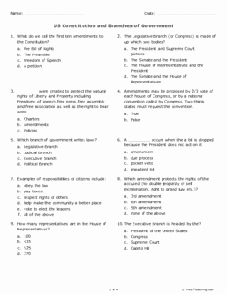 Branches Of Government Worksheet Pdf Unique Us Constitution and Branches Of Government Grade 9