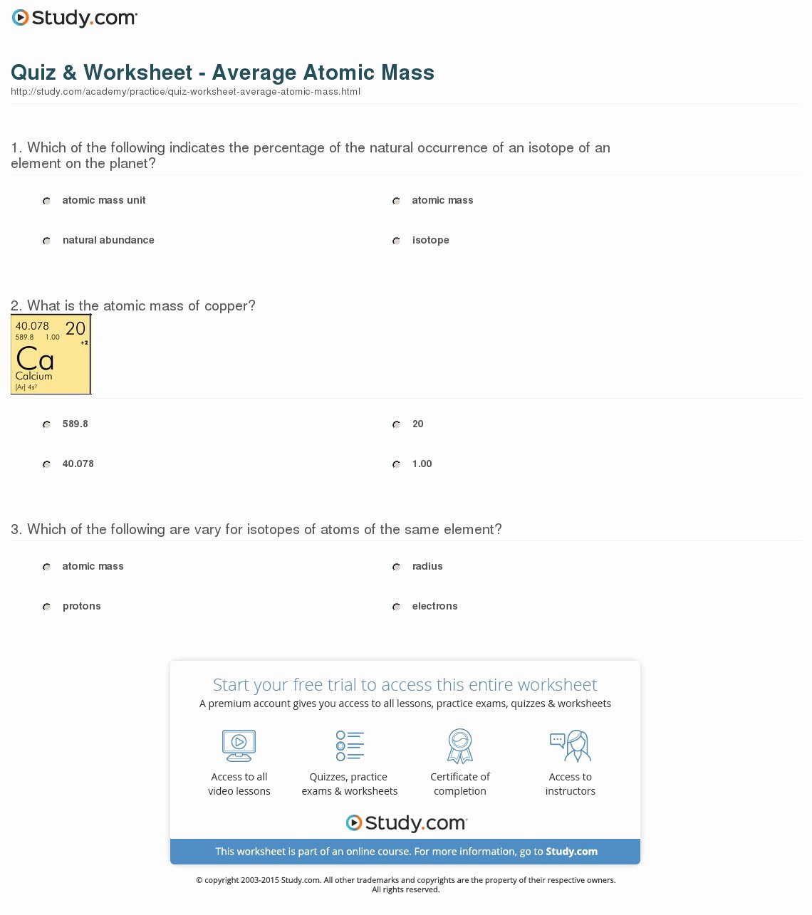 Calculating Average atomic Mass Worksheet Elegant Quiz &amp; Worksheet Average atomic Mass