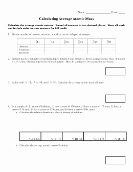 Calculating Average atomic Mass Worksheet Unique Average atomic Mass Worksheet
