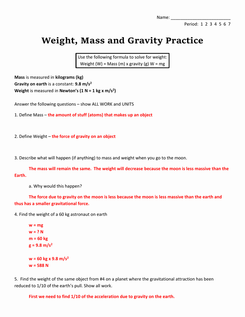 Calculating force Worksheet Answers Lovely Worksheet Mass Vs Weight Worksheet Worksheet Fun