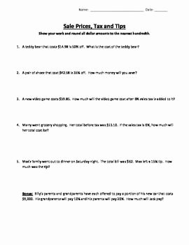 Calculating Sales Tax Worksheet New Sales Discounts Tax and Tip Homework Mon Core