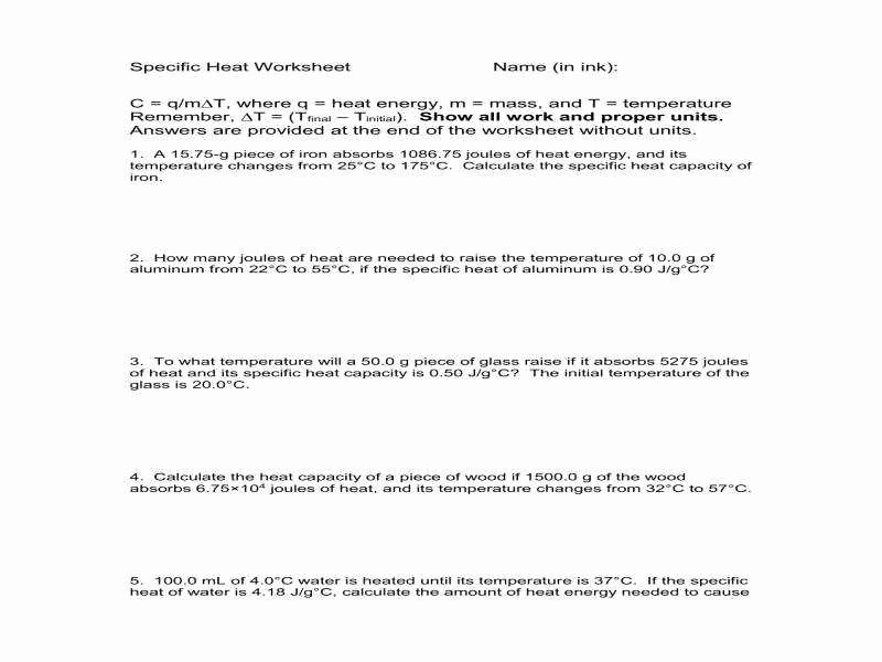 Calculating Specific Heat Worksheet Awesome Specific Heat Worksheet