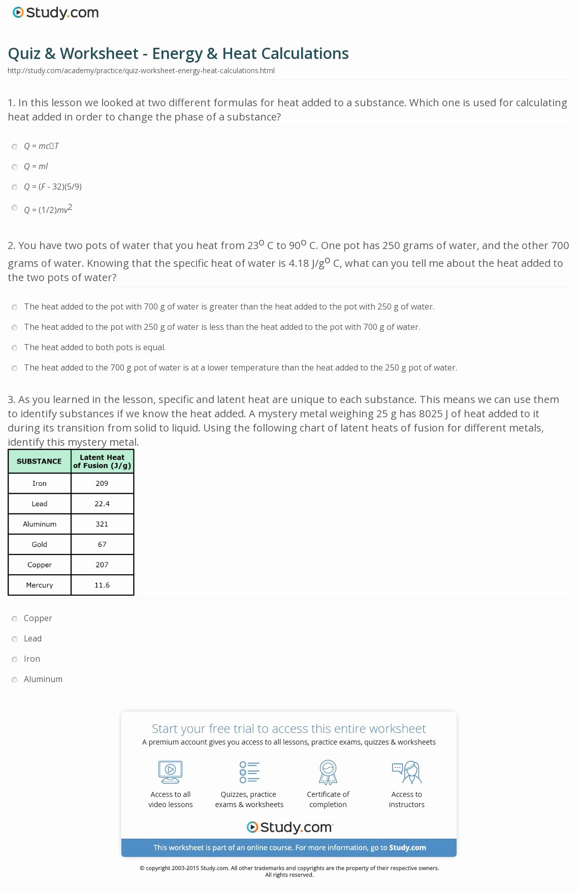 Calculating Specific Heat Worksheet Elegant Quiz &amp; Worksheet Energy &amp; Heat Calculations