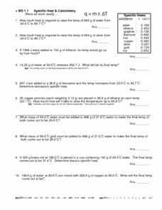 Calculating Specific Heat Worksheet Elegant Ws 7 1 Specific Heat and Calorimetry 10th 12th Grade