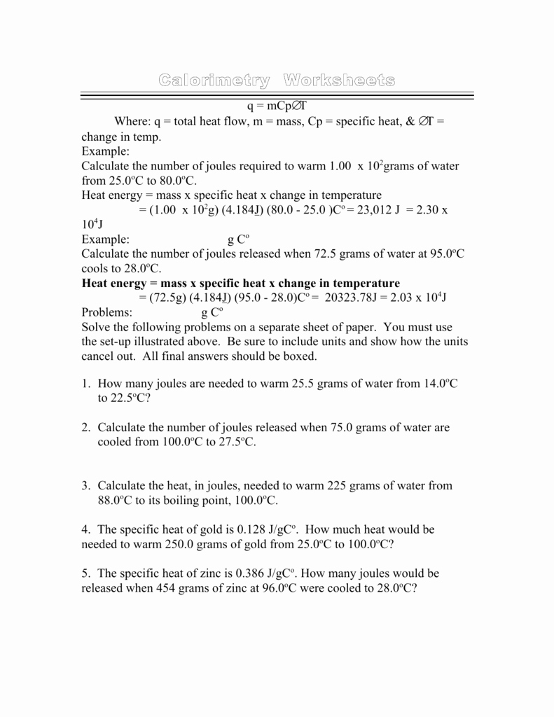 Calculating Specific Heat Worksheet Lovely Calorimetry Worksheets
