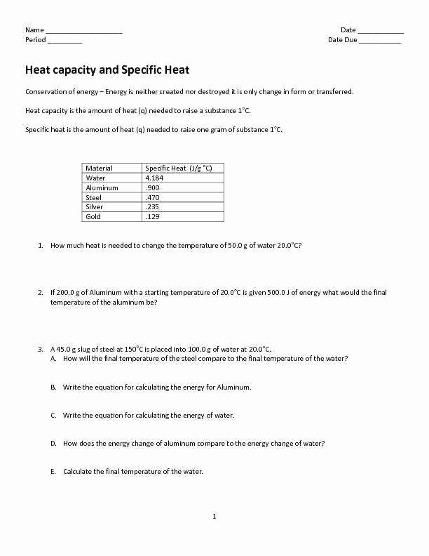 50 Calculating Specific Heat Worksheet