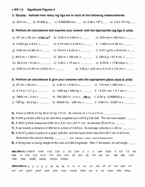 Calculations Using Significant Figures Worksheet Awesome Ws 1 6 Significant Figures Ii Worksheet for 10th 12th