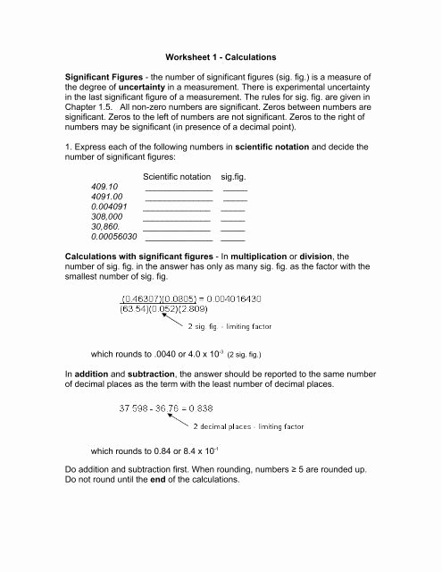 Calculations Using Significant Figures Worksheet Beautiful Worksheet 1 Calculations Significant Figures the