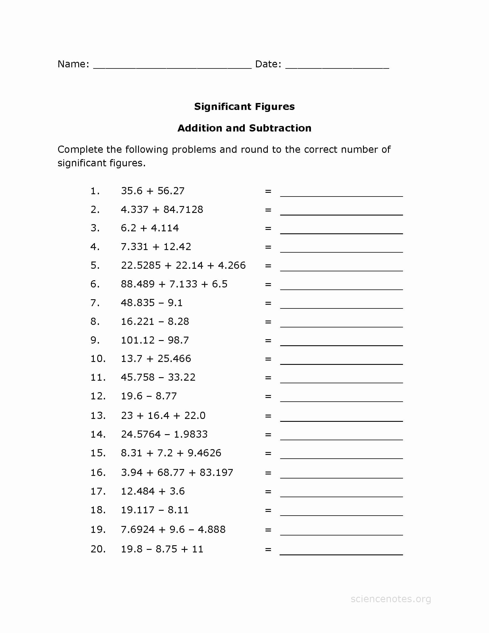 Calculations Using Significant Figures Worksheet