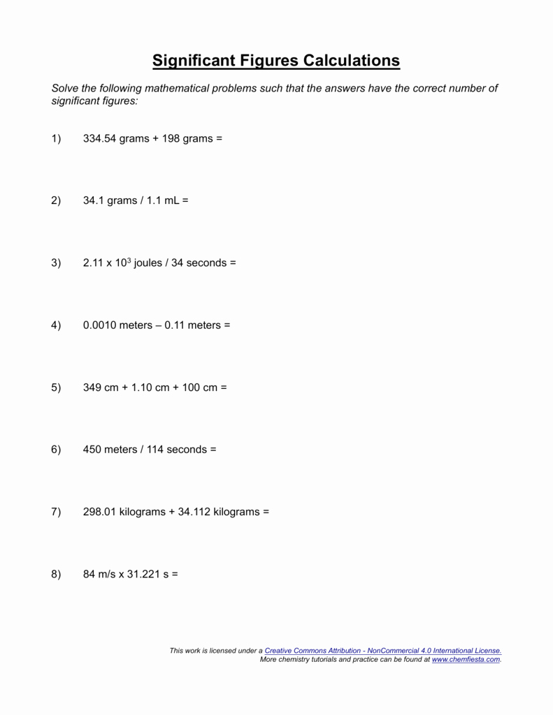 50 Calculations Using Significant Figures Worksheet