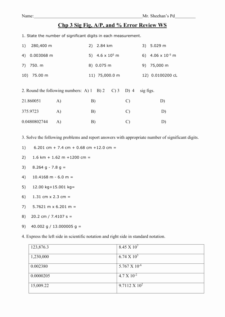 50 Calculations Using Significant Figures Worksheet