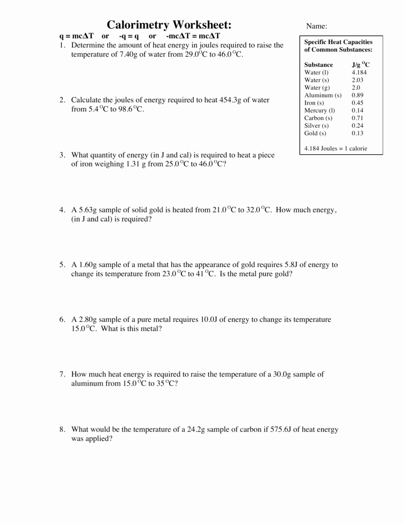 Calorimetry Worksheet Answer Key Elegant Calorimetry Worksheet
