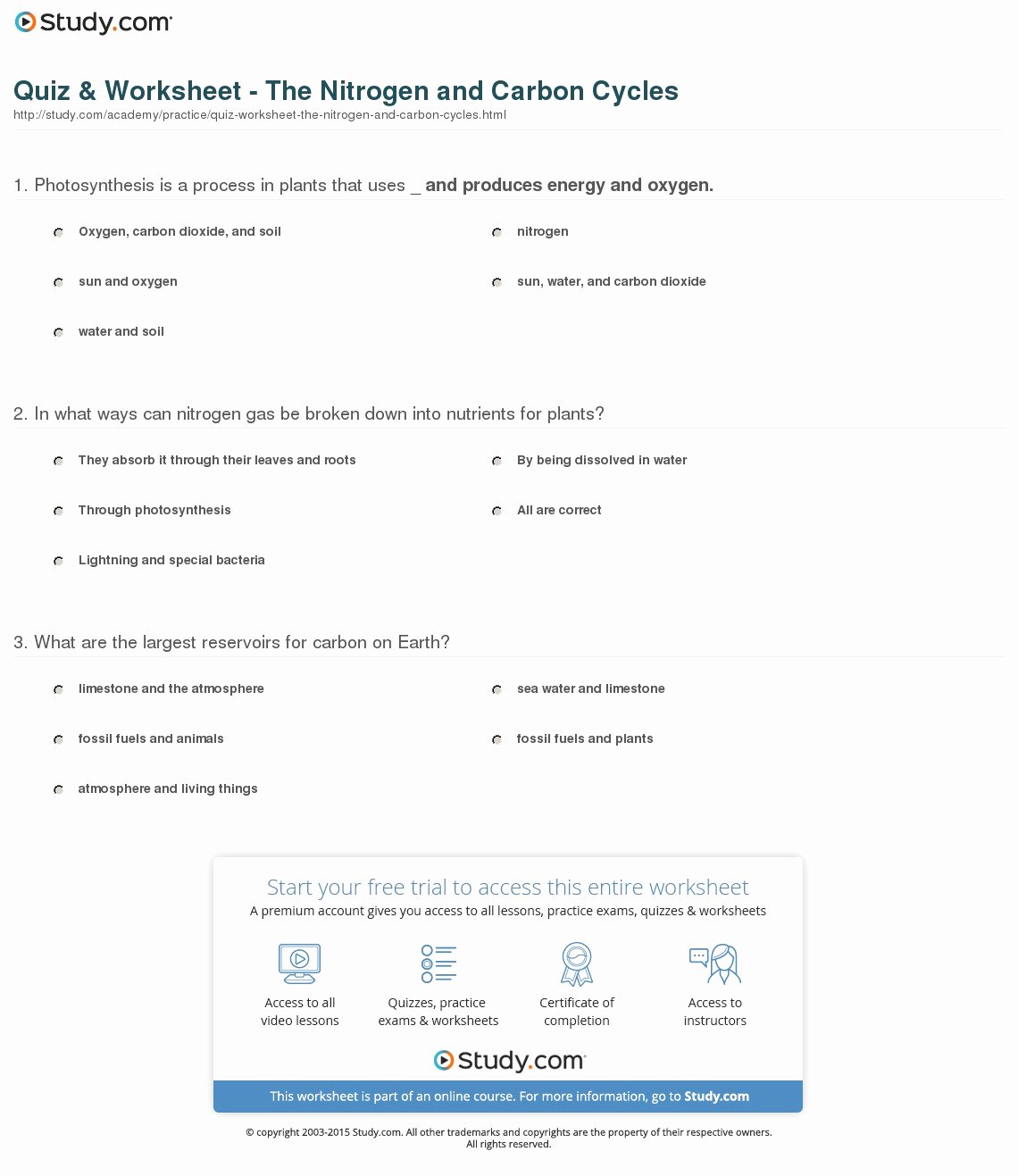 Carbon Cycle Worksheet Answers Unique Quiz &amp; Worksheet the Nitrogen and Carbon Cycles