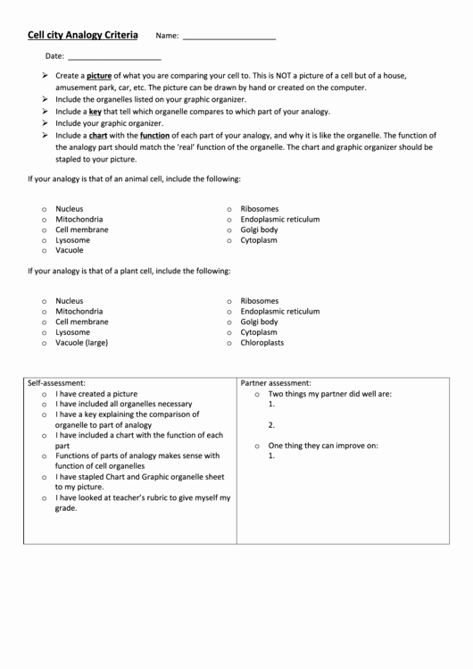 Cell City Analogy Worksheet Best Of Cell City Analogy Criteria Worksheet Printable Pdf