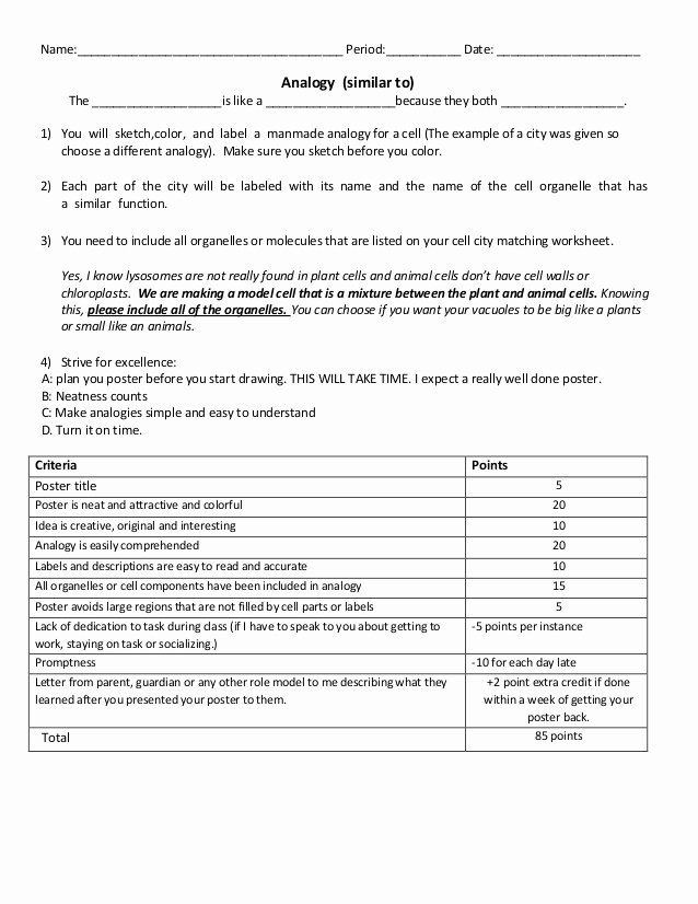 Cell City Analogy Worksheet Inspirational Cell City Worksheet