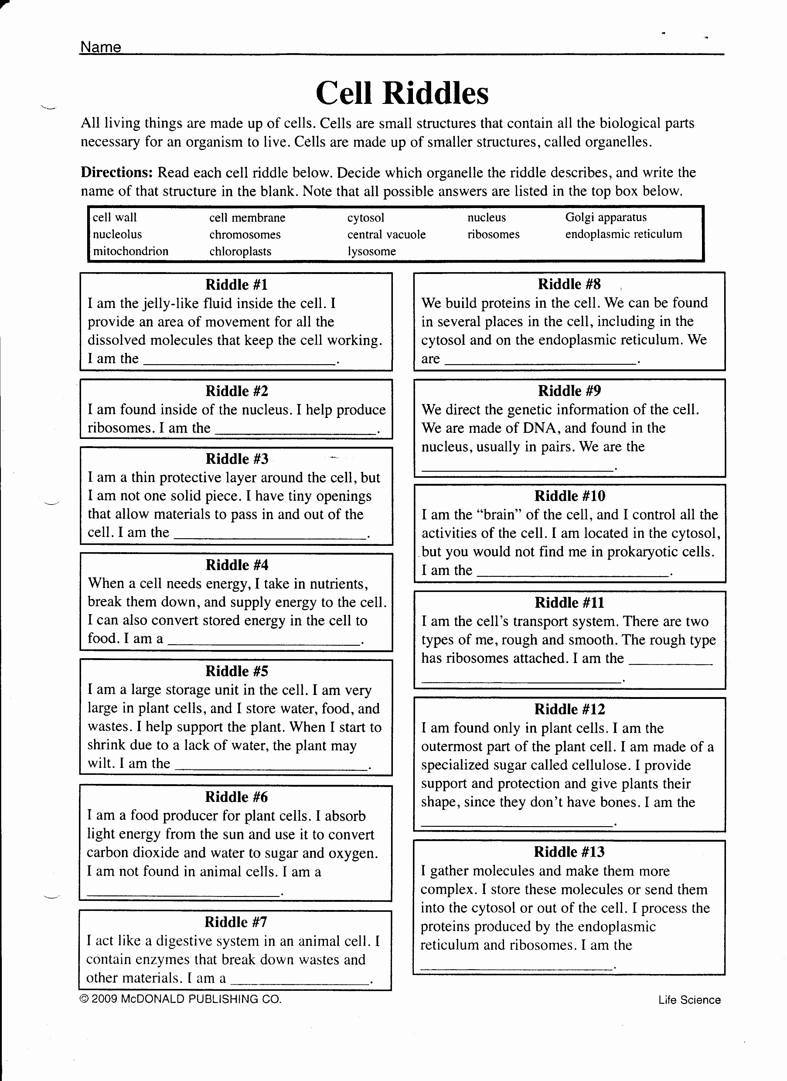 Cell organelles Worksheet Answer Key Beautiful 14 Best Of Cell organelle Riddles Worksheet Answers