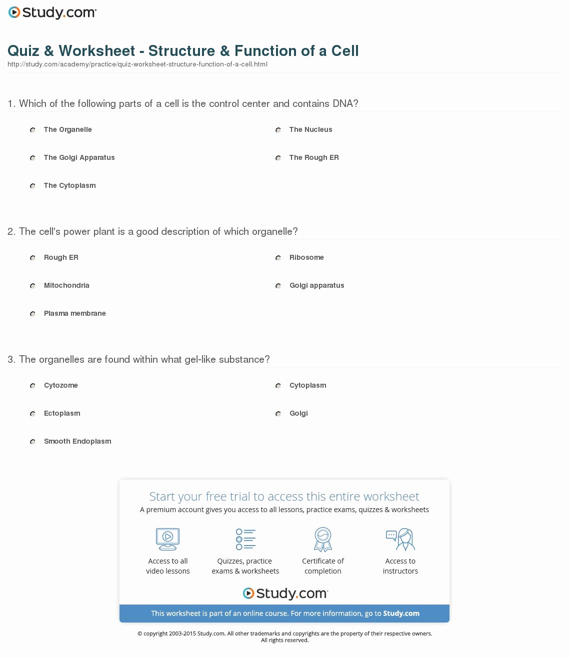 Cell Structure and Function Worksheet New Quiz &amp; Worksheet Structure &amp; Function Of A Cell