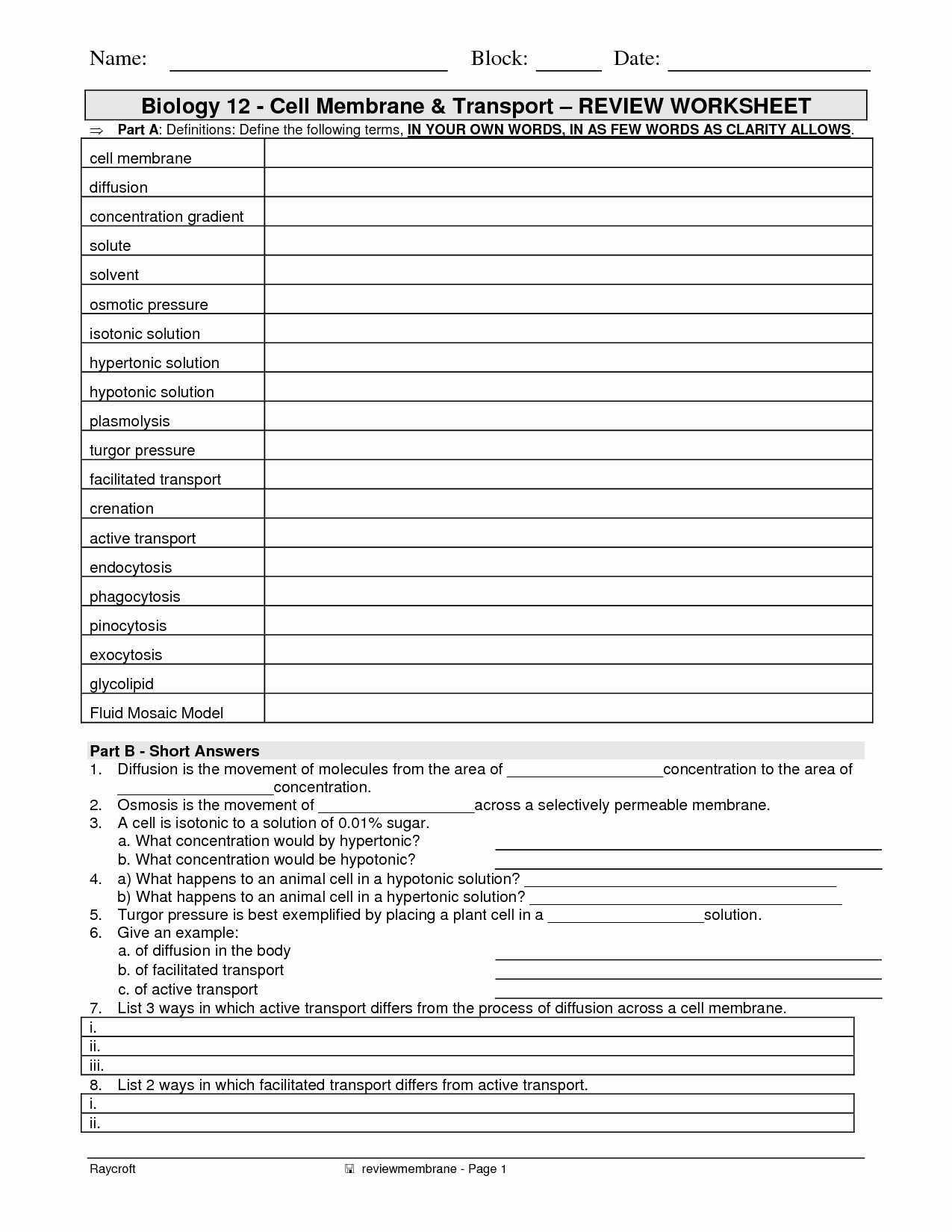 Cell Transport Worksheet Biology Answers New 16 Best Of the 12 Cell Review Worksheet Answers