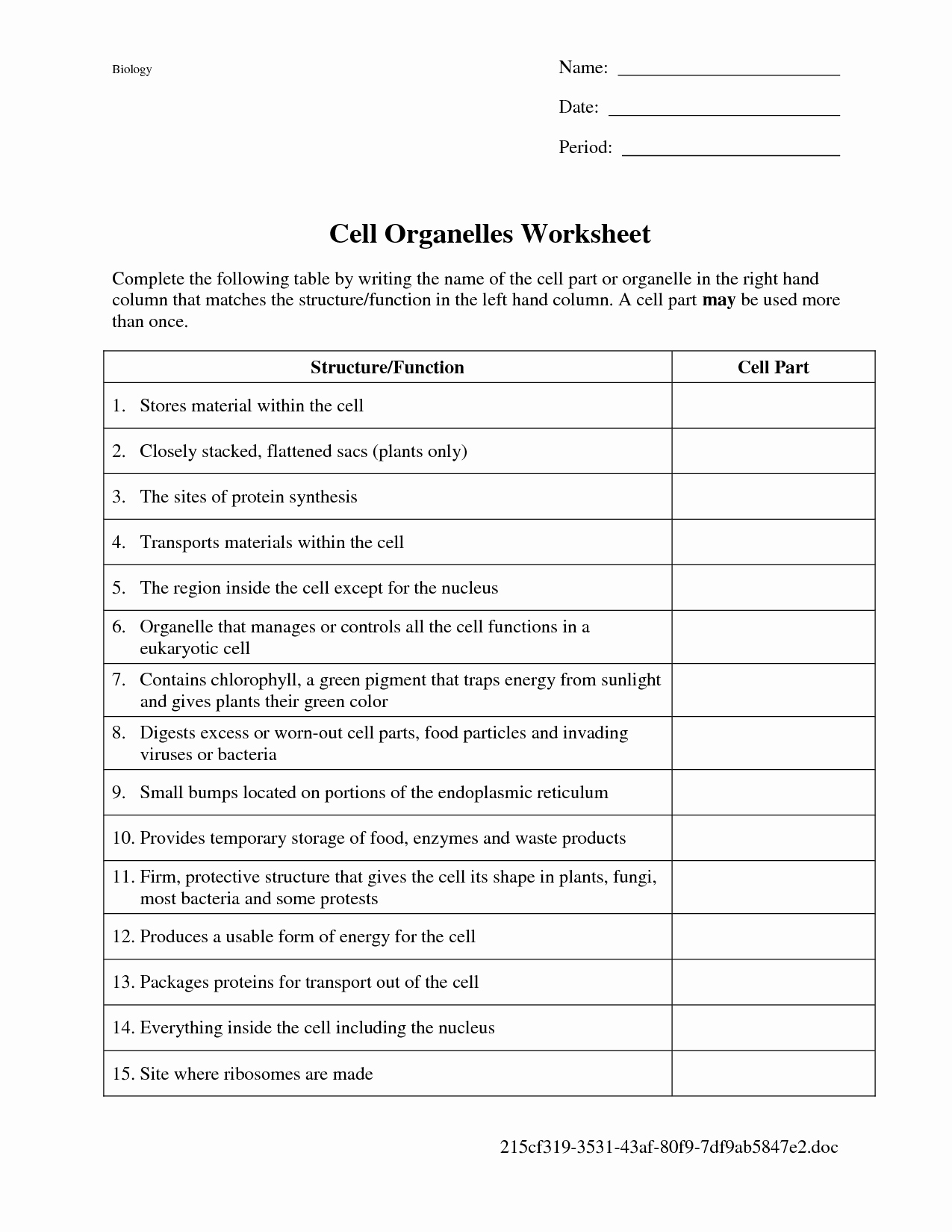 Cells and their organelles Worksheet Luxury 13 Best Of Function organelles Worksheet Cell