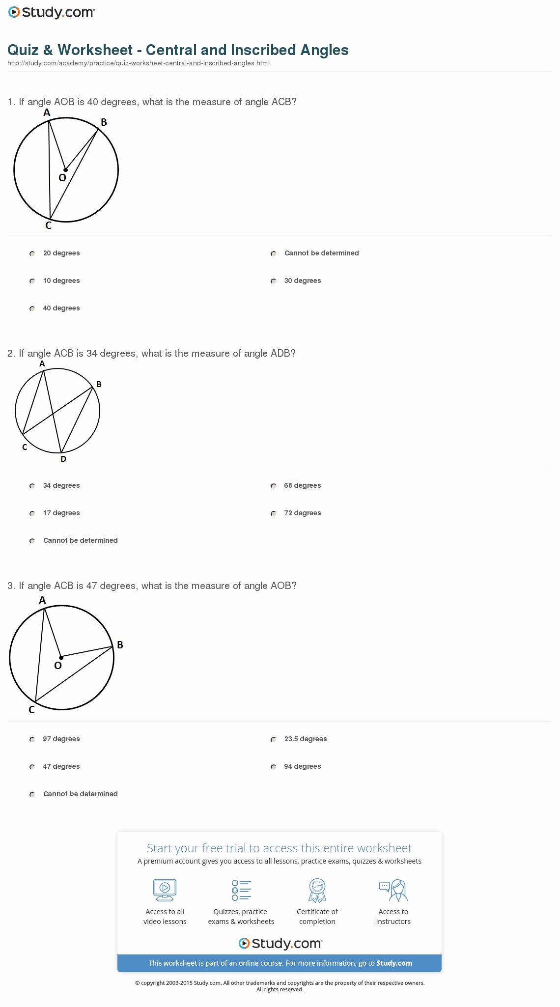 Central and Inscribed Angle Worksheet Lovely Quiz &amp; Worksheet Central and Inscribed Angles