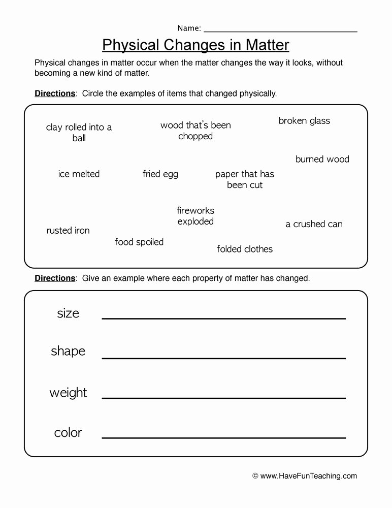 Change In Matter Worksheet Awesome Physical Changes Worksheet 1