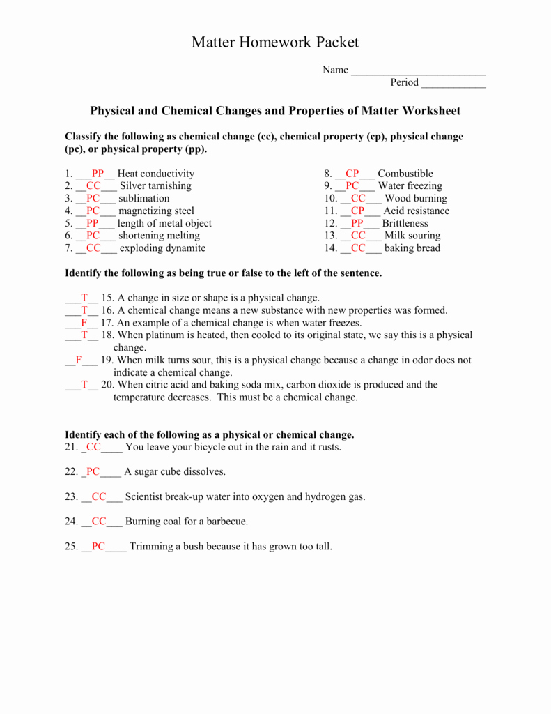 Change In Matter Worksheet Best Of Matter Homework Packet Key