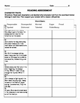 Character Traits Worksheet 3rd Grade Unique Character Trait assessment Ela3rl3 Mon Core by 3rd