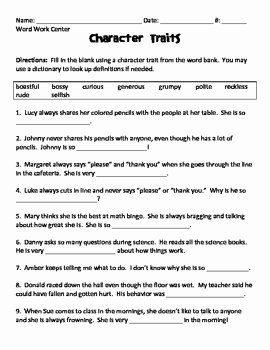 Character Traits Worksheet Pdf New Character Traits Fill In the Blank Worksheet by Lisa