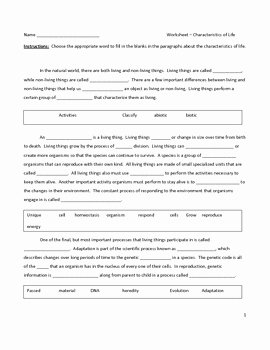 Characteristics Of Life Worksheet Answers Lovely Middle School Science Cloze Worksheet Characteristics Of