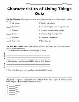 Characteristics Of Life Worksheet Lovely Characteristics Of Living Things Quiz by Middle School