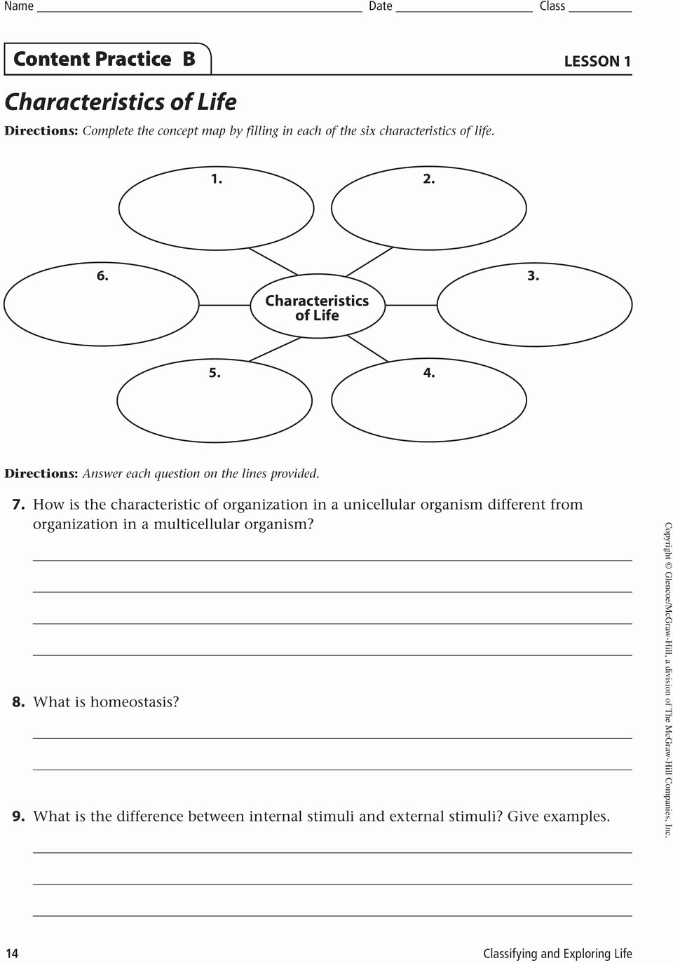 50 Characteristics Of Life Worksheet