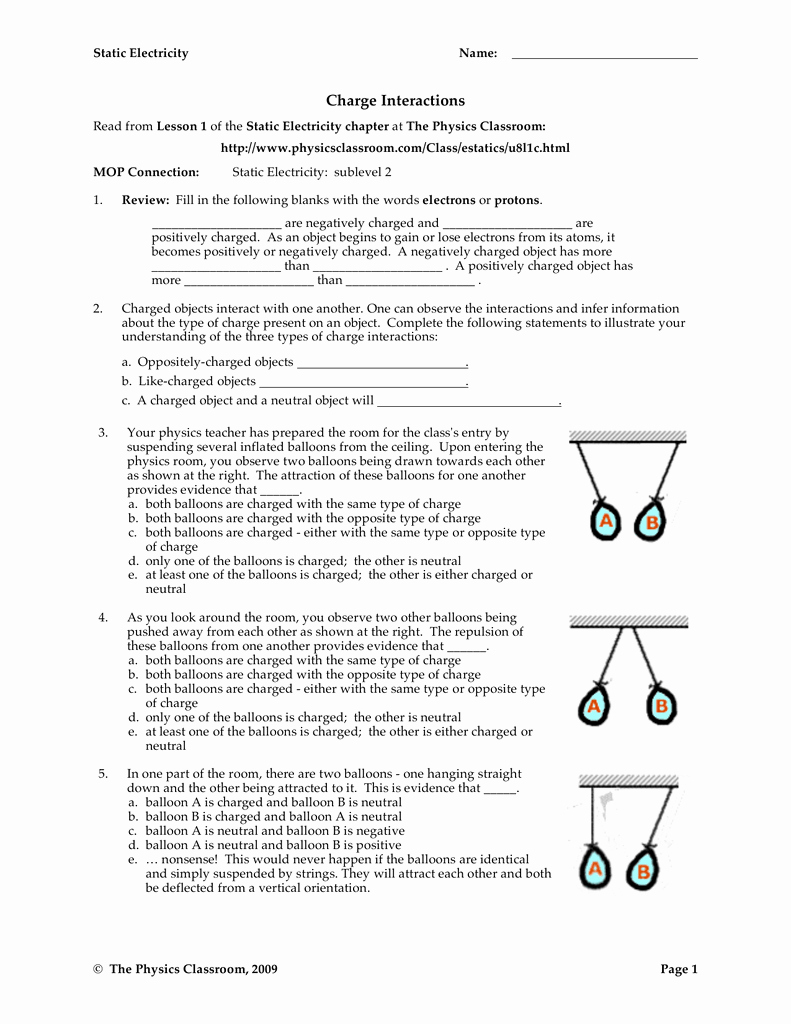 Charge and Electricity Worksheet Answers Best Of Charge Interactions the Physics Classroom