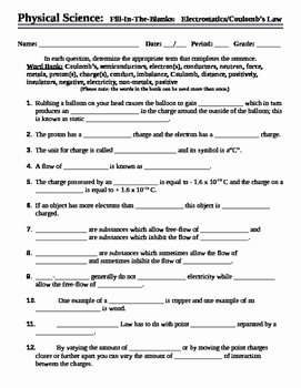 Charge and Electricity Worksheet Answers Elegant Electricity Worksheet Fill In the Blank by Mercury