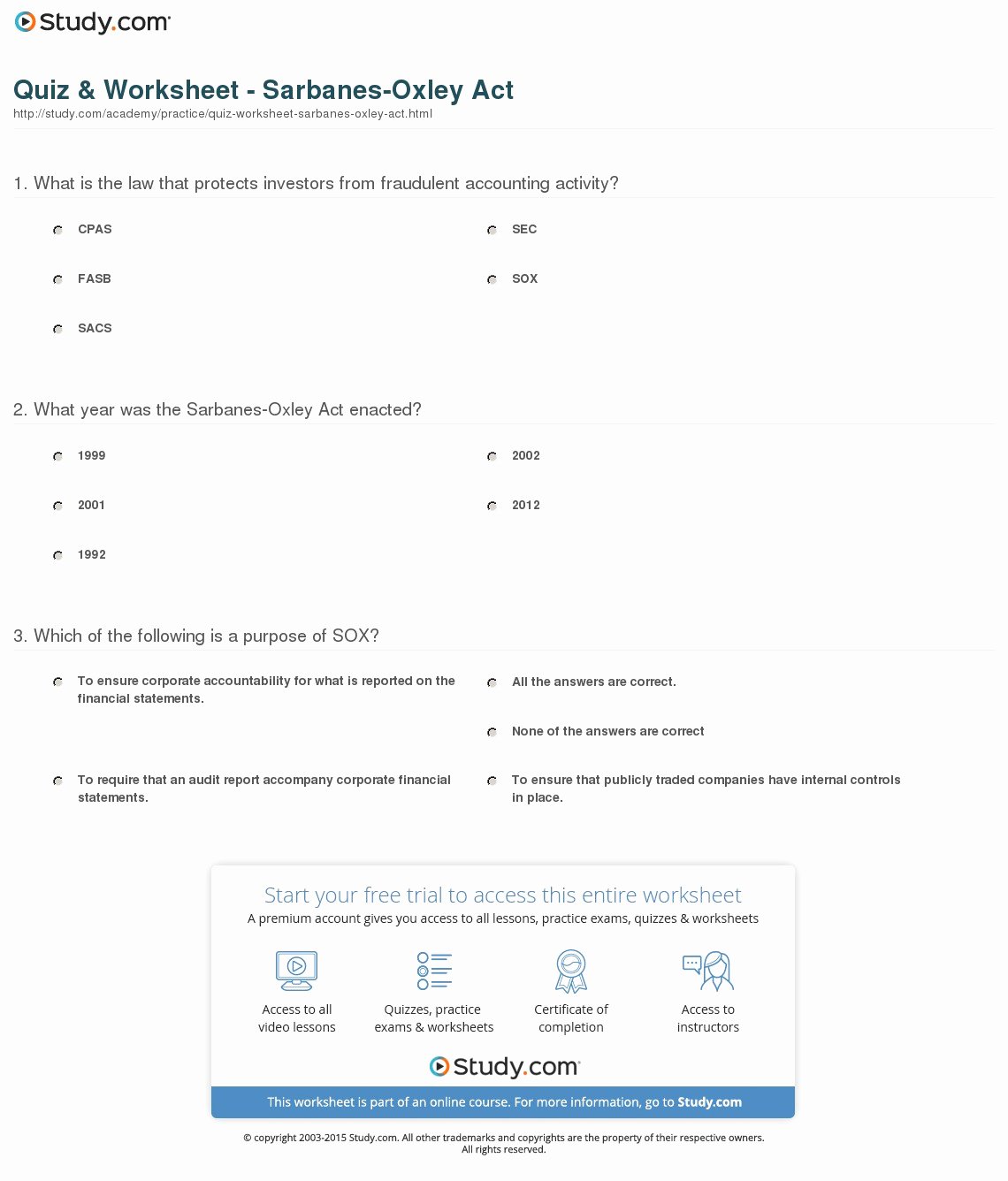 Charles Law Worksheet Answers Beautiful Quiz &amp; Worksheet Sarbanes Oxley Act