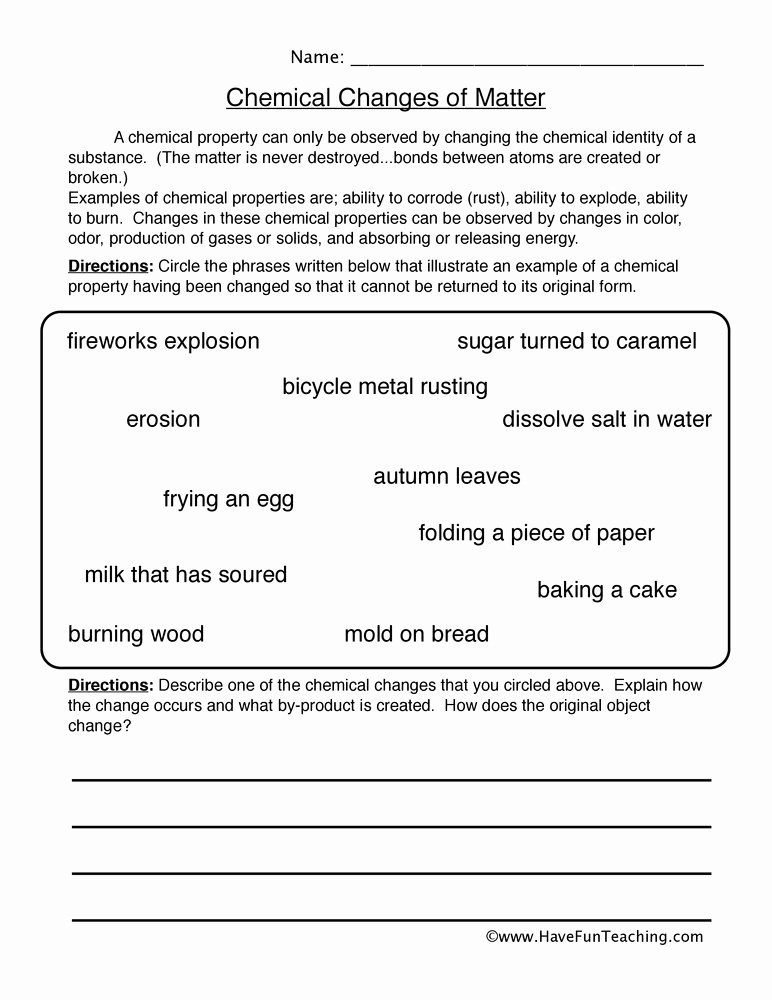 Chemical and Physical Change Worksheet Best Of Chemical Changes Matter Worksheet
