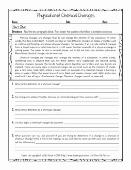 Chemical and Physical Change Worksheet Fresh Physical and Chemical Changes Worksheet by Elly Thorsen