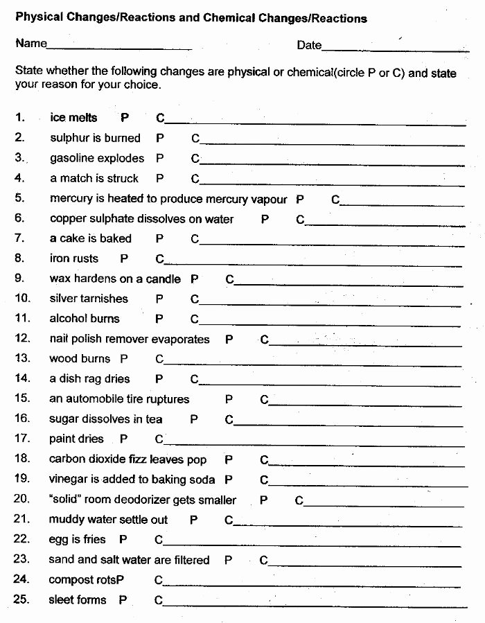 Chemical and Physical Change Worksheet Unique 12 Best Of Physical and Chemical Reactions