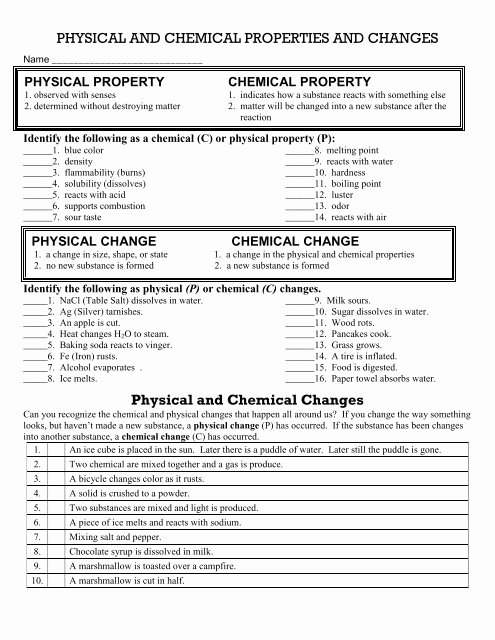 Chemical and Physical Change Worksheet Unique Physical and Chemical Changes Worksheet Cobb Learning