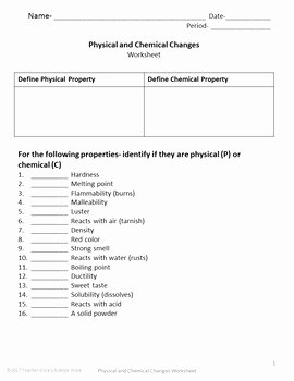 Chemical and Physical Change Worksheet Unique Physical and Chemical Properties and Changes Worksheet