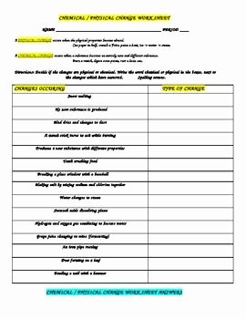 Chemical and Physical Changes Worksheet Fresh Physical Chemical Change Work Sheet with Answers