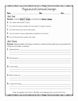 Chemical and Physical Changes Worksheet Inspirational Physical and Chemical Changes Worksheet by Elly Thorsen