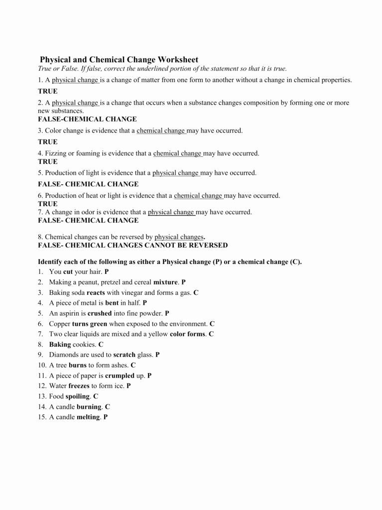 Chemical and Physical Changes Worksheet Luxury Physical and Chemical Change Worksheet