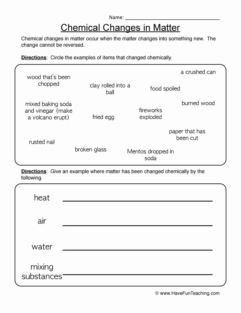 Chemical and Physical Changes Worksheet New Matter Worksheets