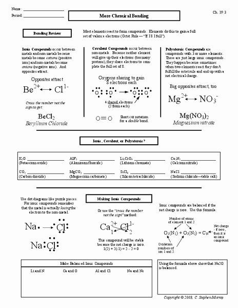 Chemical Bonding Worksheet Key New More Chemical Bonding Worksheet for 9th 12th Grade