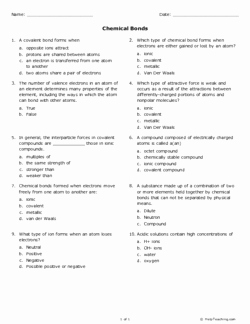 Chemical Bonds Worksheet Answers Inspirational Chemical Bonds Grade 9 Free Printable Tests and