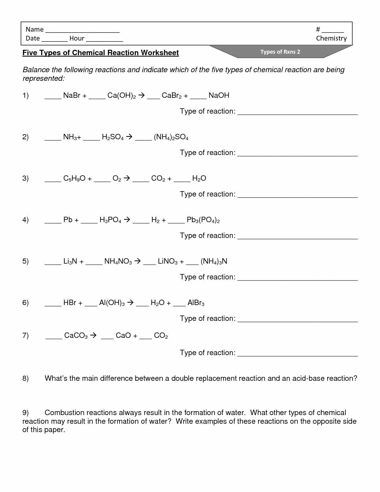 Chemical formula Worksheet Answers Best Of 16 Best Of Types Chemical Reactions Worksheets