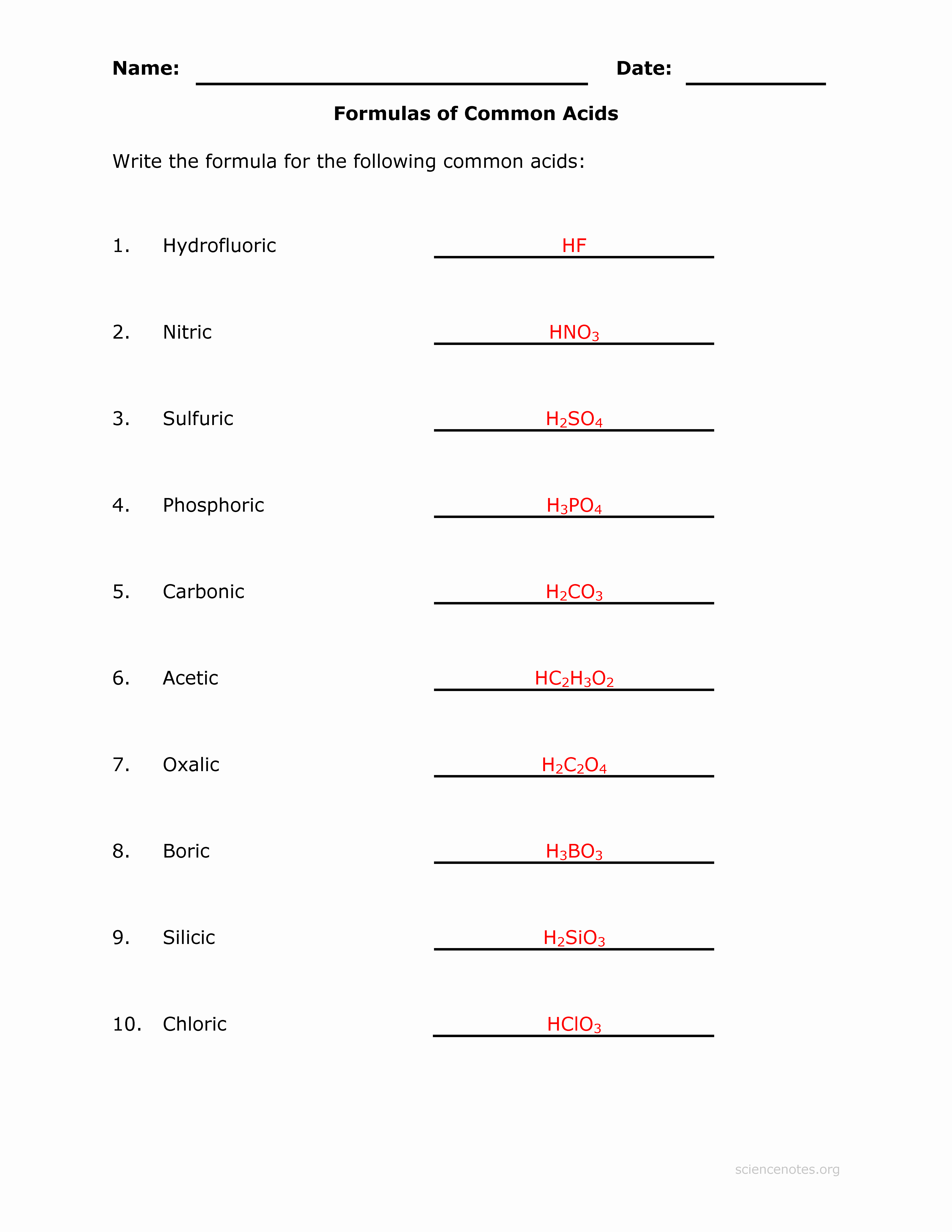 Chemical Formulas Worksheet