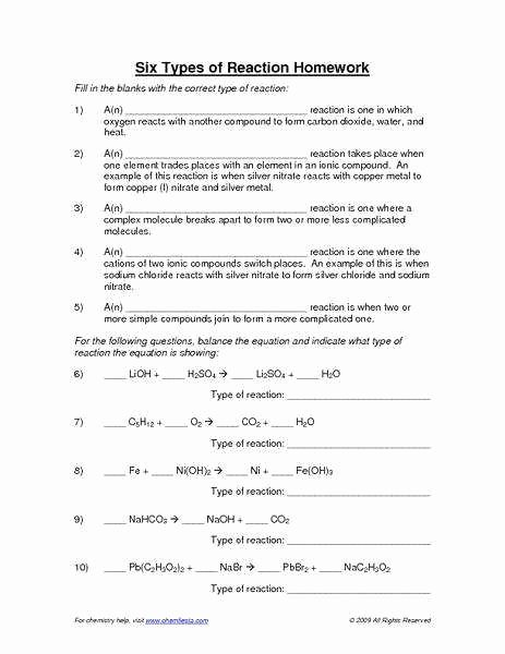 Chemical Reaction Type Worksheet Awesome Types Chemical Reactions Worksheet Answers