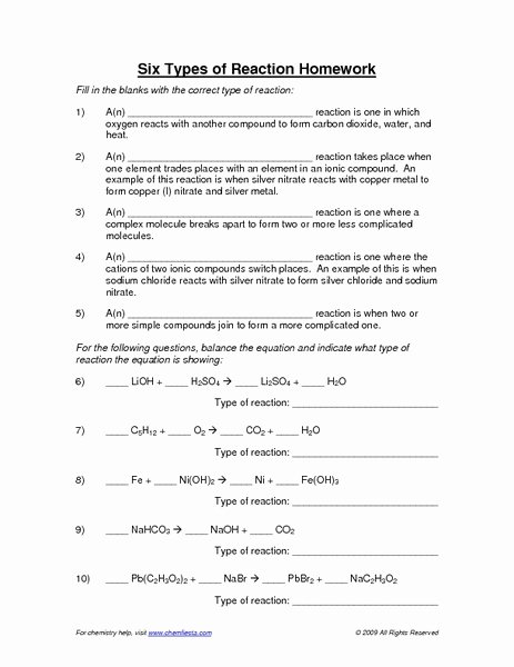 Chemical Reaction Type Worksheet Beautiful Six Types Of Reactions Worksheet for 9th 12th Grade